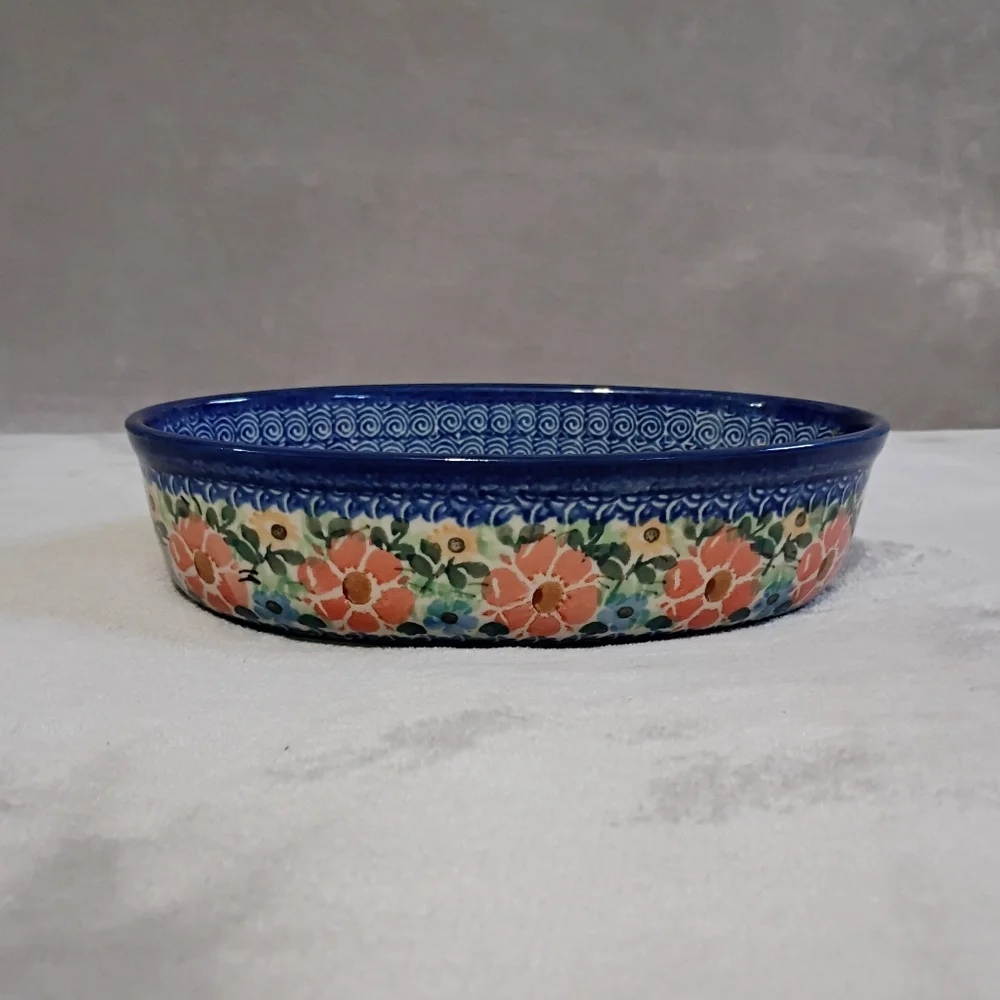 Polish Pottery Ceramika Artystyczna Blue Floral 8 In Oval Stoneware Baker